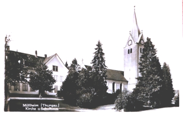 Kirche und Oberes Schulhaus, Postkarte von 1931